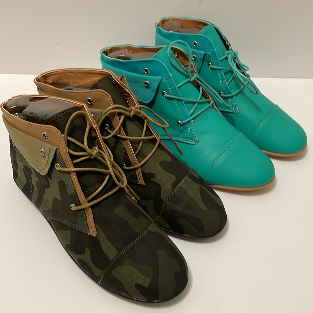 BAMBOO - 2 set Camouflage and SeaFoam Green  Lace up Flat Sole Boots Aidan Style